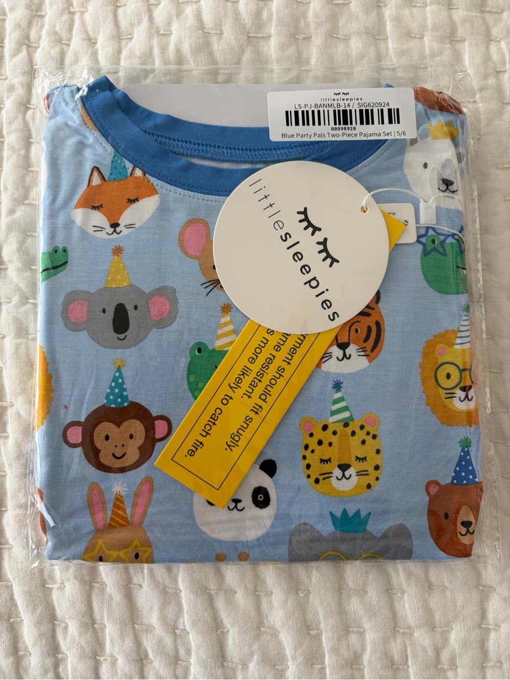 NIB Little Sleepies Bamboo Kids Light Blue Animal Party Pals Pajama Set Size 5/6